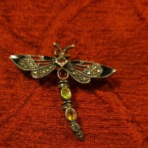 Sterling Silver Marcasite and Multi Gem Dragonfly Brooch